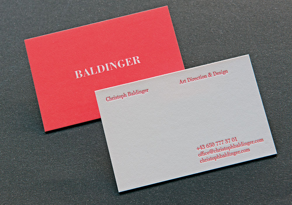 Hochwertige Letterpress-Visitenkarten in auffälliger Farbgebung »Coralle«| für den Designer »Christoph Baldinger«