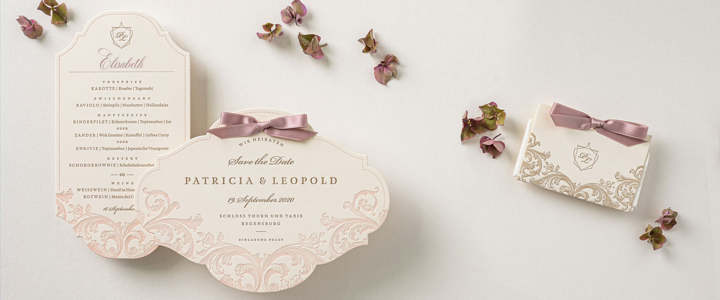 Letterpress-Barockstil-Save-the-Date-Karten-Hochzeitseinladung-Menükarte-gestanzt