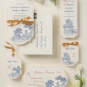Geformte, schlanke Einladungskarten zur Hochzeit mit Toile de Jouy Muster in Königsblau bedruckt