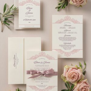 Letterpress Hochzeitseinladung mit romantsichen Ornamenten in Rosa und Lila bedruckt. Eine zarte rosa Masche ist auf die A5 Karte gebunden, nebenbei liegen Blumen, eine Menükarte, ein Kuvert und eine Dankeskarte