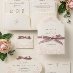 Pocketfold Einladung zur Hochzeit in Rosa & Gold gedruckt ist eine Einladungshülle mit zwei Karten, Save the Date Karte und Platzkarte