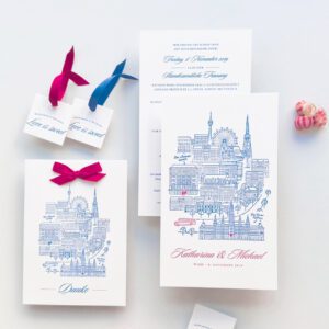 eine Letterpress Hochzeitseinladungs-Serie mit verschiedenen Karten, wo die Wiener Sehenswürdigkeiten und die zwei wichtigsten Orte der Hochzeit handgezeichnet auf die Karte gedruckt sind