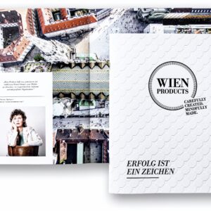 Hochwertige digital gedruckte Broschüre mit exklusivem Letterpress-Cover in schwarz & weiß für »Wien Products«