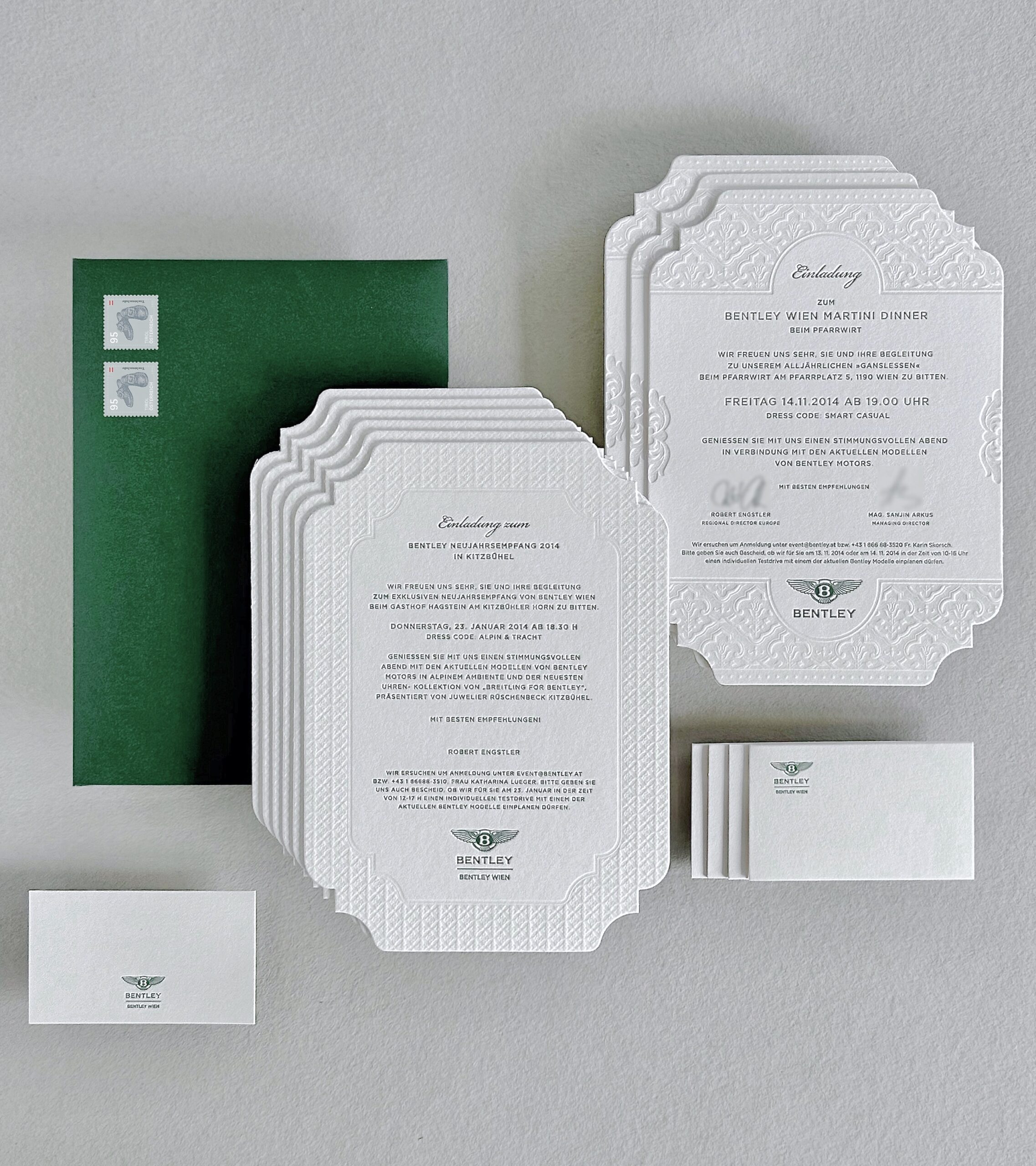 Einladung Business-Event Bentley Letterpress formgestanzt Grün