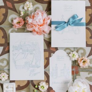 Edle Hochzeitskarten in Blush & Petrol im Letterpress bedruckt. handgezeichnete Illustrationen, Papeterie-Set, Destinations-wedding, Hochzeit in der Toskana