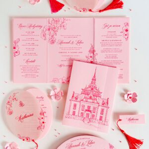 Rot-pinke Letterpress Hochzeitseinladungen im Doppel-Klappkaten-Format mit Schloss und floralen Zeichnungen