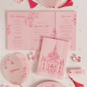 Außergewöhnliche Hochzeitseinladung als Klappkarte in Rosa und Rot | Design Hannah im Letterpress bedruckt