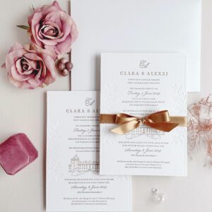 Florales Kartendesign zur Hochzeit im Letterpress bedruckt für eine Hochzeit im Schloss Walpersdorf, mit handgezeichneten Schlossillustration