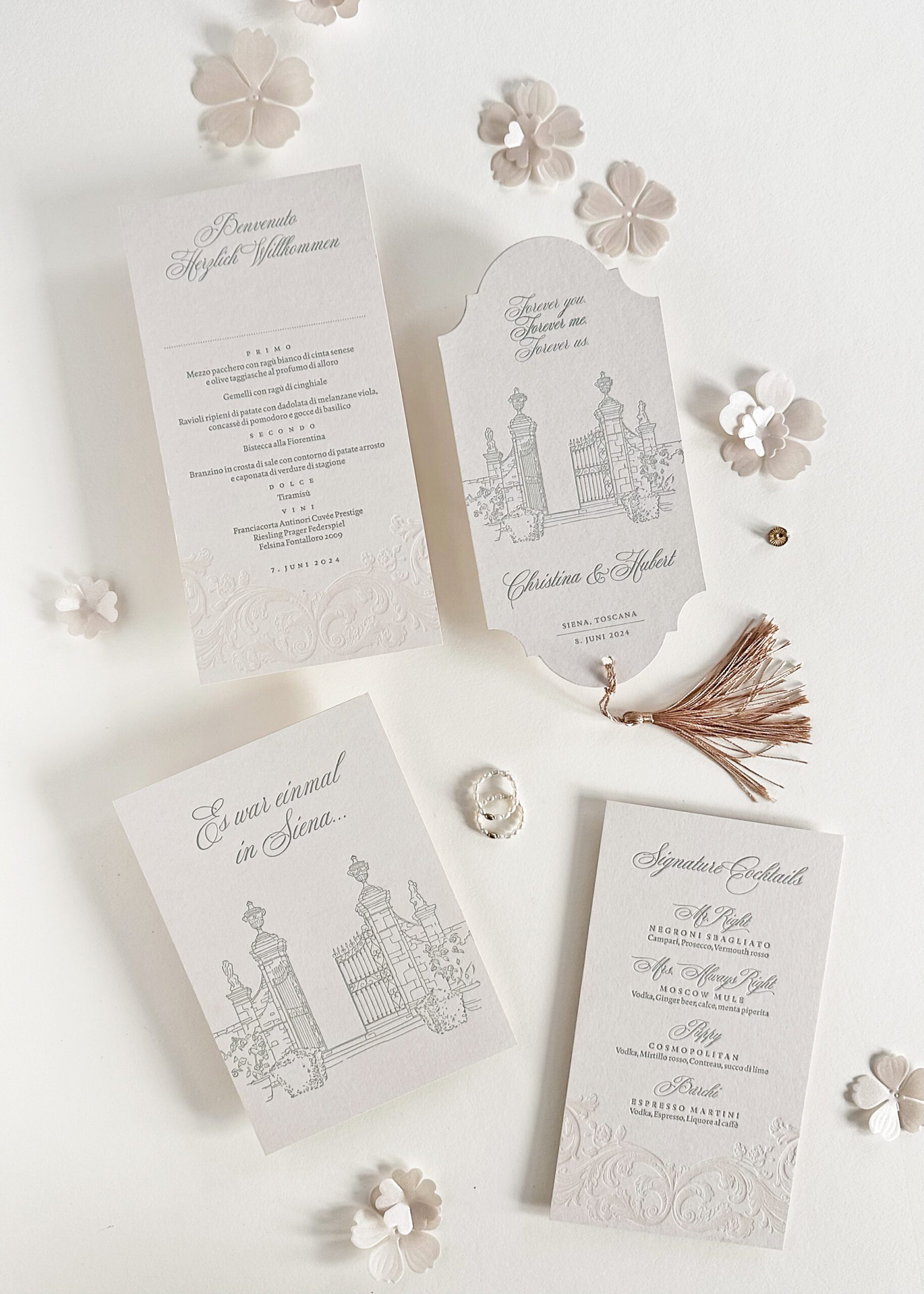 Edle Hochzeitskarten für eine Hochzeit in der Toskana
